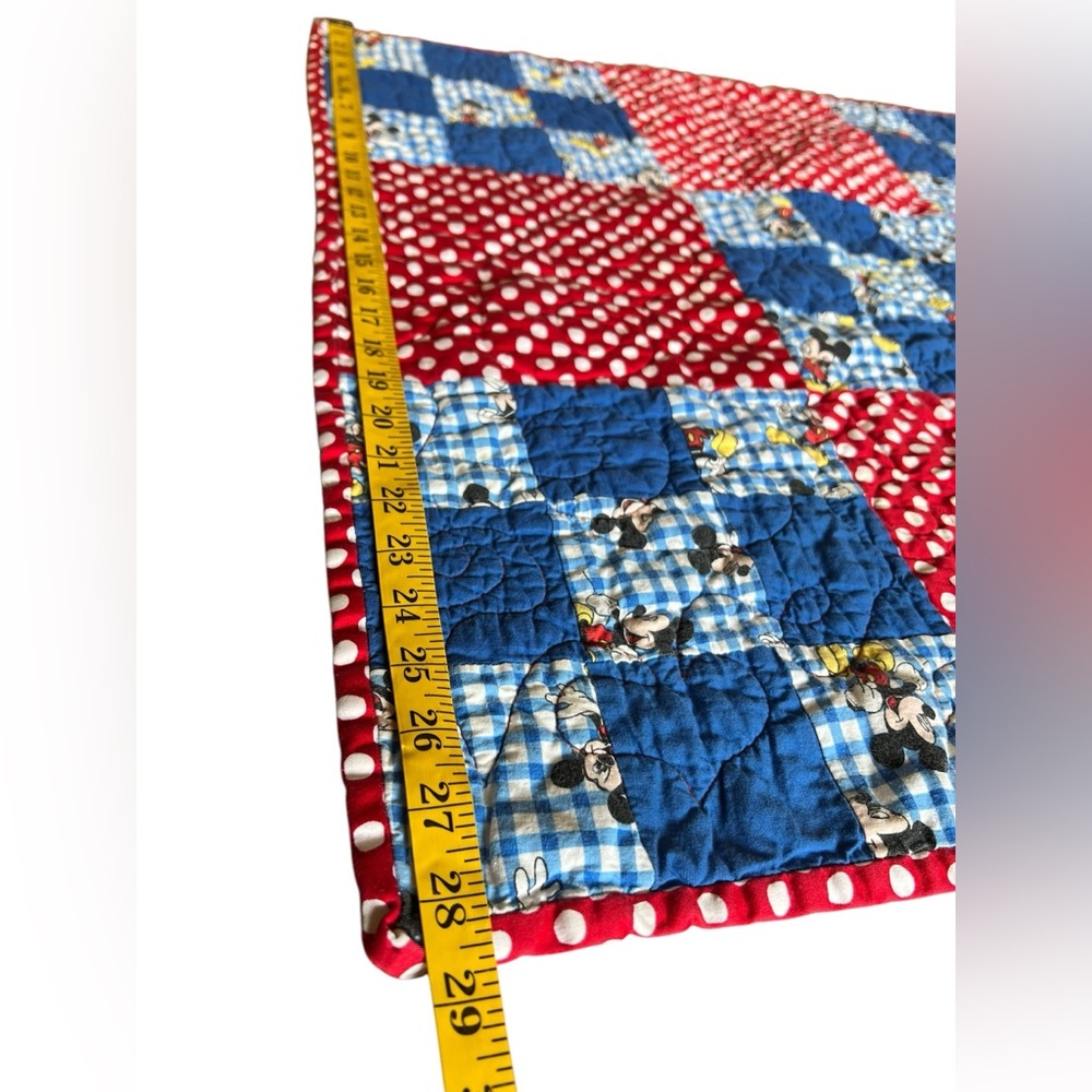 Mickey Mouse Handmade Patchwork Square Baby Quilt Nursery Blue Red Polka Dot 29” - Picture 6 of 6